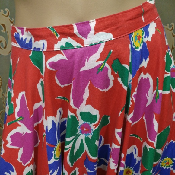 Vintage Floral Midi Full Swing Skirt Size S Colorful Retro Red Green - Picture 3 of 8